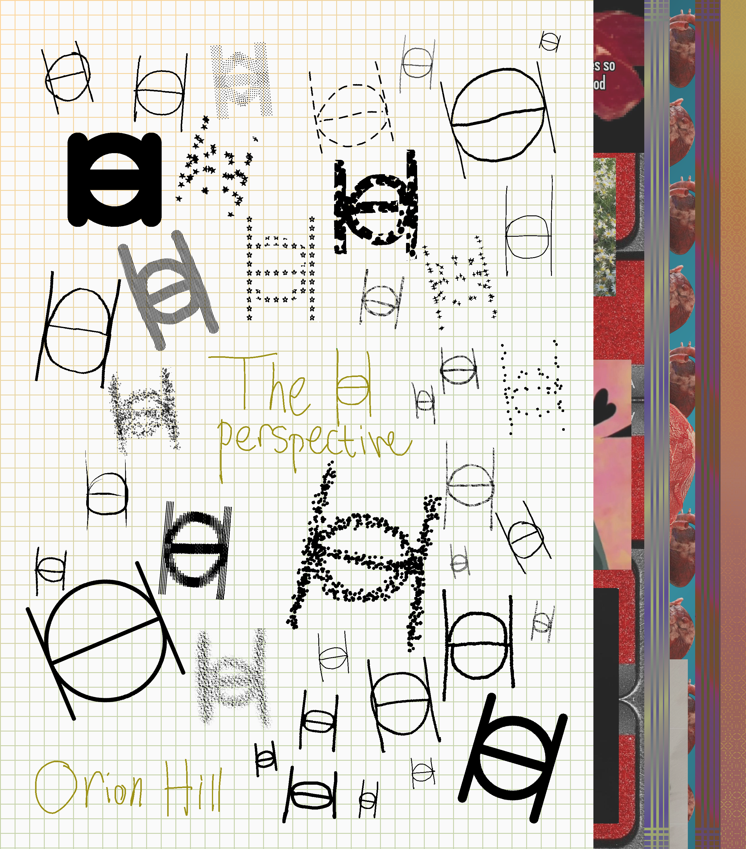 
The front cover for 'The OH Perspective' zine. It has a white background, a pastel orange and green net, and varying 'OH' drawings where the two letters are atop one another. The handwritten title and author name is in an off-yellow.